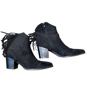Black Fringe Ankle Boots Western Boho Suede Block Heel Booties Size 9
